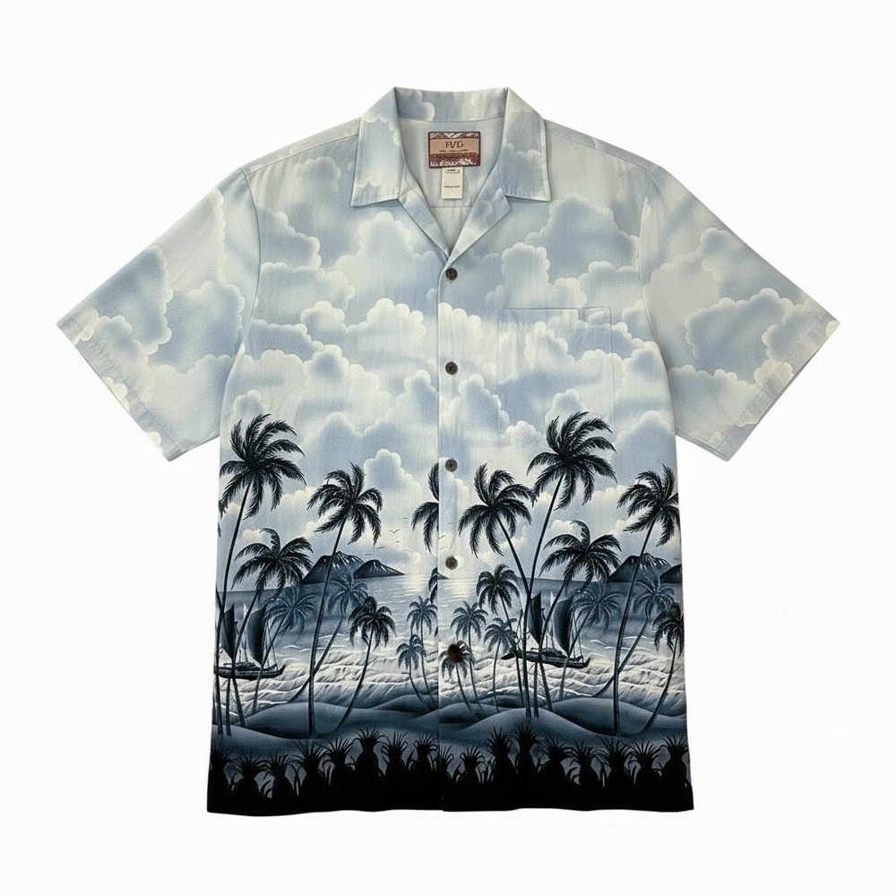Vintage 80's RJC Hawaiian Shirt Men's XL Blue Floral Palm Made in Hawaii, USA